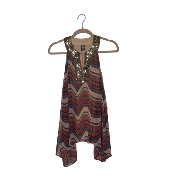 Free People Chevron Striped Sequin Neck Dress Womens Size S Red Cream Sleeveless - Picture 1 of 7